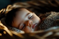 Peaceful sleeping Asian toddler wrapped in cozy knitted blanket, soft natural lighting creates gentle shadows across serene face, dreamy atmosphere for childhood themes.