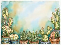 Watercolor illustration of potted succulents and cacti arranged in decorative containers with ornamental patterns, featuring soft washes of blue, yellow, and green tones. Suitable for botanical art, home decor, gardening content, and design projects.