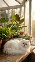 White fluffy cat resting on wooden windowsill surrounded by potted plants in sunlit conservatory. Serene indoor pet and botanical lifestyle scene.