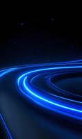 Glowing blue light trails curve through dark space creating dynamic motion paths against starry background, suggesting speed and future technology advancement.