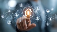 Businessman touching glowing house icon with digital network of user profiles, representing smart home technology and real estate connectivity.