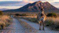 Zebra standing on dirt road with mountain backdrop during golden hour sunset in African savanna landscape for wildlife and nature photography projects.