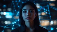 Young Asian woman with long dark hair against futuristic network visualization background with blue bokeh lights and digital connections in dark environment.