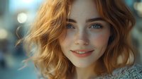 Young woman with freckles and wavy red hair smiling at camera, wearing gray sweater against blurred urban background. Natural beauty portrait.