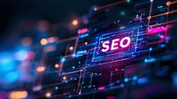 Glowing SEO text on digital circuit background with blue and pink neon lights, abstract technology concept for search engine optimization and digital marketing.