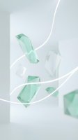 Translucent mint green and frosted crystal gemstones floating among white geometric shapes with flowing light ribbons on neutral background for luxury branding and cosmetic packaging design.