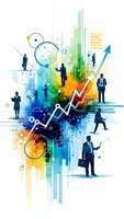 Business professionals silhouettes with colorful data visualization charts, graphs and growth arrows for corporate presentations and financial reports.