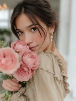 Young Asian woman in vintage beige blouse holding pink peony bouquet, with soft natural makeup and romantic updo hairstyle, looking at camera with gentle expression.