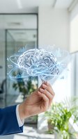 Hand holding glowing brain hologram with data analytics charts and percentages in modern office environment for business intelligence and AI technology concepts.