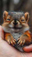 Adorable baby squirrel with closed eyes and content expression resting in human hands. Close-up view shows detailed fur texture and tiny paws in warm orange tones.