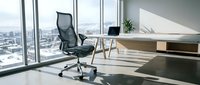 Modern office workspace with ergonomic mesh chair, laptop, and cityscape view from high-rise window. Minimalist interior design for corporate, business, and workplace concepts.