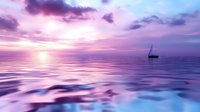 Tranquil ocean sunset with sailboat silhouette against purple pink sky, calm waters reflecting dramatic clouds for peaceful seascape backgrounds.