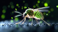 Macro photography of mosquito with glowing green bokeh background shows detailed insect anatomy, wings, and proboscis in sharp focus against dark surface.