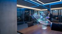 Businessman in formal suit interacting with holographic data visualization in modern high-rise office at dusk, analyzing digital network and financial information for corporate strategy.