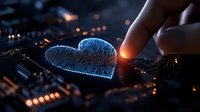 Glowing digital heart touched by finger on dark circuit board with orange bokeh lights, representing technology and human connection in modern digital age.