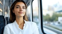 Young Caucasian businesswoman in white blouse smiling while commuting on public transport, looking through window during morning journey to work.