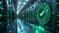 Futuristic data center with glowing green checkmark symbol on server racks, illuminated corridor showing cybersecurity and network protection concept.