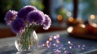 Purple carnations in round glass vase on table with soft bokeh lights in background creating romantic atmosphere for greeting cards and celebrations.