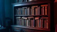 Classic wooden bookshelf filled with vintage leather-bound books in rich library setting with warm atmospheric lighting for educational and literary themes.