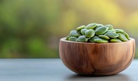 Fresh broad beans in wooden bowl on blurred green natural background, healthy organic food ingredients for cooking vegetarian meals.