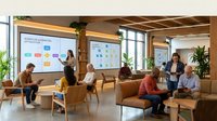Diverse business team collaborating in modern office space with woman presenting strategy on whiteboard during corporate meeting.