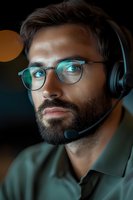 Young bearded Caucasian male customer service representative wearing headset and glasses in dark office environment with bokeh lights, focused on work duties.