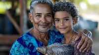Smiling senior Asian fisherman with gray hair wearing blue shirt holds fresh caught fish while embracing young curly-haired boy in casual attire, representing family bonds.