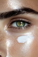 Close-up of green eye with long eyelashes and defined eyebrow, white moisturizer cream on freckled glowing skin showing skincare and beauty concept.