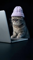 Funny Scottish Fold cat wearing glasses and a purple knit hat working on a laptop on dark background, humorous pet business concept.