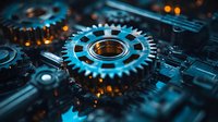 Metallic gears and mechanical parts illuminated by blue and orange lights create dramatic industrial machinery close-up with selective focus on central cogwheel.
