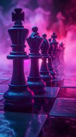 Chess pieces lined up on board in dramatic neon lighting with purple and pink smoke effects creating mysterious atmosphere. Strategic game concept.