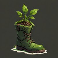 Green plant growing from old military boot with soil, symbolizing new life and hope emerging from adversity. Nature reclaiming abandoned objects on dark background.