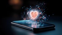 Glowing pink heart hologram floating above smartphone screen with sparkles and particles in dark atmosphere, modern love concept for social media apps.