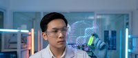 Asian male scientist in lab coat examining molecular structure hologram with test tube in modern laboratory for research and development.