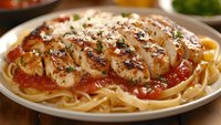 Grilled chicken breast sliced over fettuccine pasta with marinara sauce and parmesan cheese, garnished with fresh herbs and black pepper on white plate.