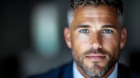 Confident mature Caucasian male with gray hair, blue eyes and trimmed beard looking directly at camera against dark background. Professional headshot portrait with dramatic lighting.