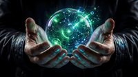 Hands protecting glowing green digital network sphere with connected nodes and data visualization for technology and cybersecurity concepts.