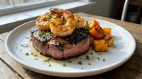 Grilled steak topped with garlic butter shrimp, roasted sweet potato cubes, and fresh herbs on white plate for fine dining restaurant menus.