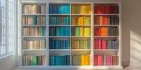 Colorful bookshelf with books arranged by spectrum from green to blue, yellow, and red, illuminated by natural light from window.