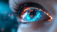 Futuristic close-up of eye with digital holographic interface overlay showing technological enhancement, glowing cyan and orange elements against dark background.