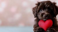 Adorable chocolate brown puppy holding red heart shape toy against soft bokeh background, sweet valentine pet portrait for greeting cards and social media posts.
