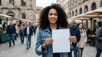 Young African American woman with curly hair holding blank white paper in busy European city square with historic architecture and crowd of people walking.