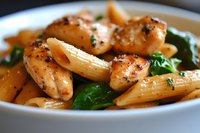Penne pasta with grilled chicken pieces and fresh spinach leaves in creamy sauce, garnished with black pepper and herbs, served in white bowl.