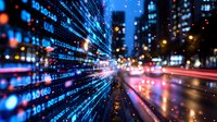 Digital data stream visualization with glowing blue numbers and code against blurred urban night cityscape with red light trails and bokeh effects.