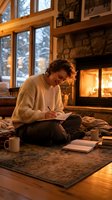 Young woman writing in journal by cozy fireplace in rustic cabin with warm lighting and winter atmosphere for relaxation and mindfulness concepts.