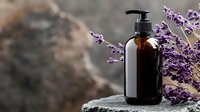 Amber glass pump bottle with fresh lavender flowers on stone surface against blurred background. Natural cosmetics and aromatherapy concept for spa and wellness.