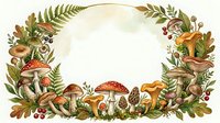 Autumn forest wreath with mushrooms, ferns and berries on transparent background. Seasonal botanical frame for fall designs, greeting cards and decorations.