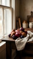 Rustic autumn still life with apples, pears and plums on a wooden table by a window, linen cloth, warm natural light, farmhouse kitchen.