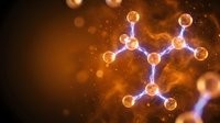 Glowing molecular structure with atomic bonds and particles in warm orange light, scientific chemistry concept for research and education backgrounds.