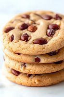 Stack of fresh homemade chocolate chip cookies with crispy edges and soft centers, showing rich texture and melted chocolate morsels on white surface.